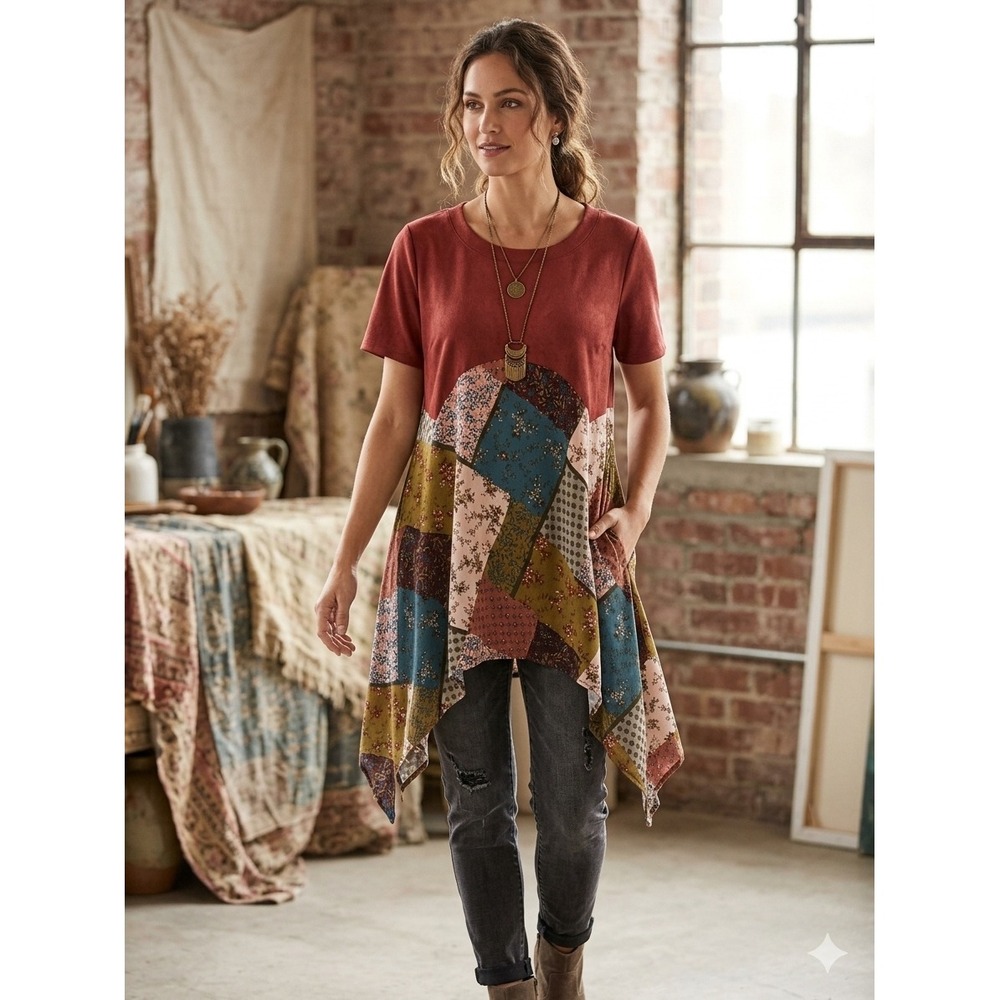 Sew In Love Faux Suede Patchwork Tunic Top Burgundy Sharkbite Hem Large